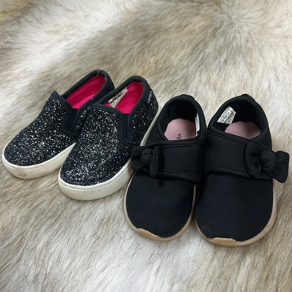 Carter’s Toddler Girls Shoes Size 5 Black Glitter Slip On & Bow Sneakers Lot